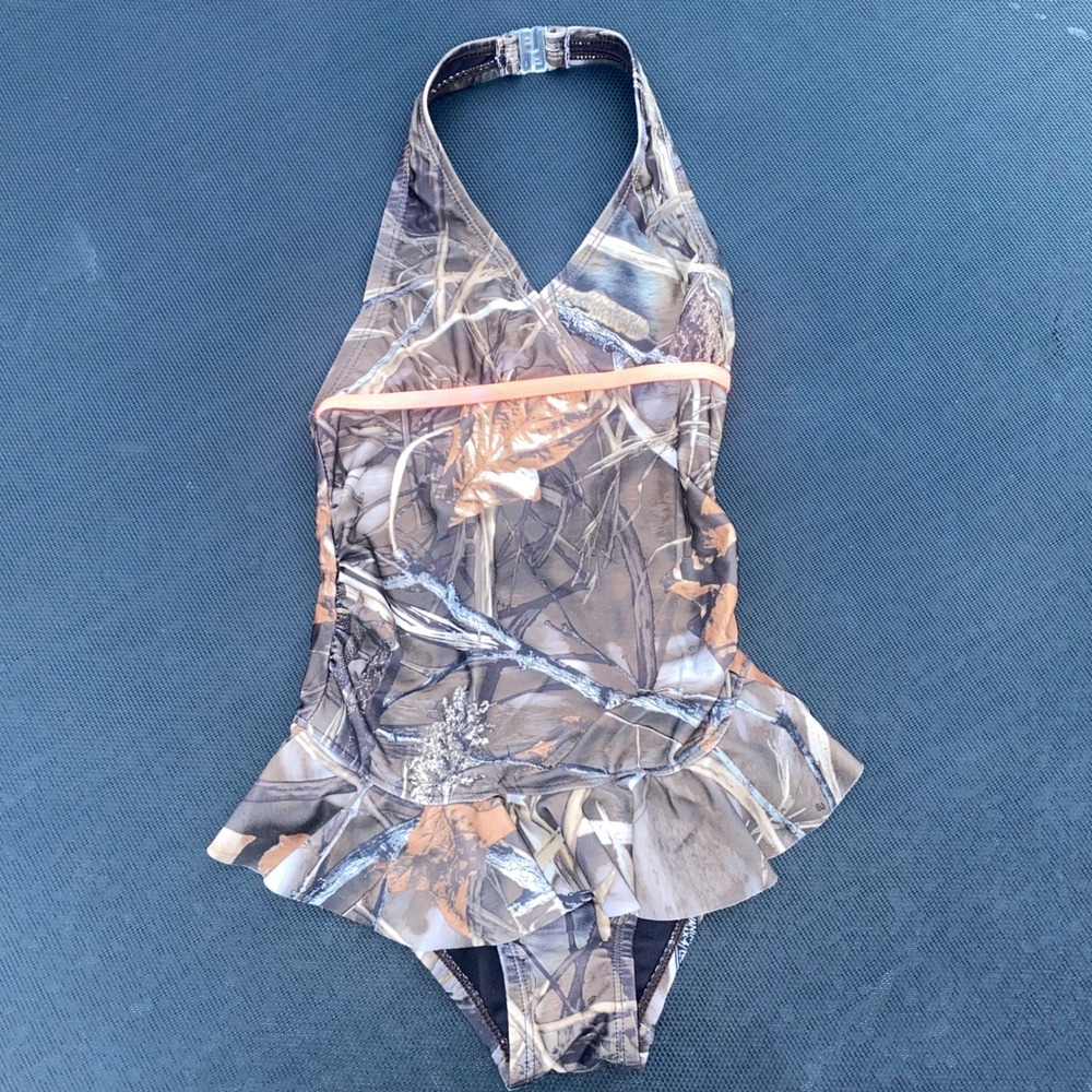 Kids Camo Halter One‎ Piece Swimsuit Ruffle Trim Cute 3t